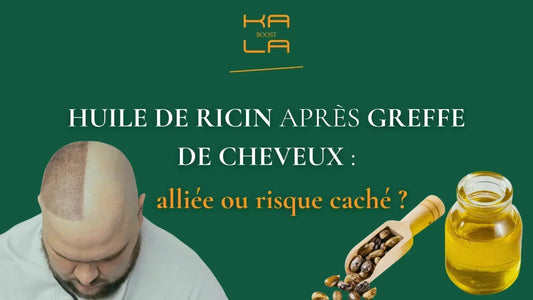Huile de ricin et greffe de cheveux – comparaison entre un cuir chevelu greffé et l’huile végétale utilisée pour stimuler la repousse.