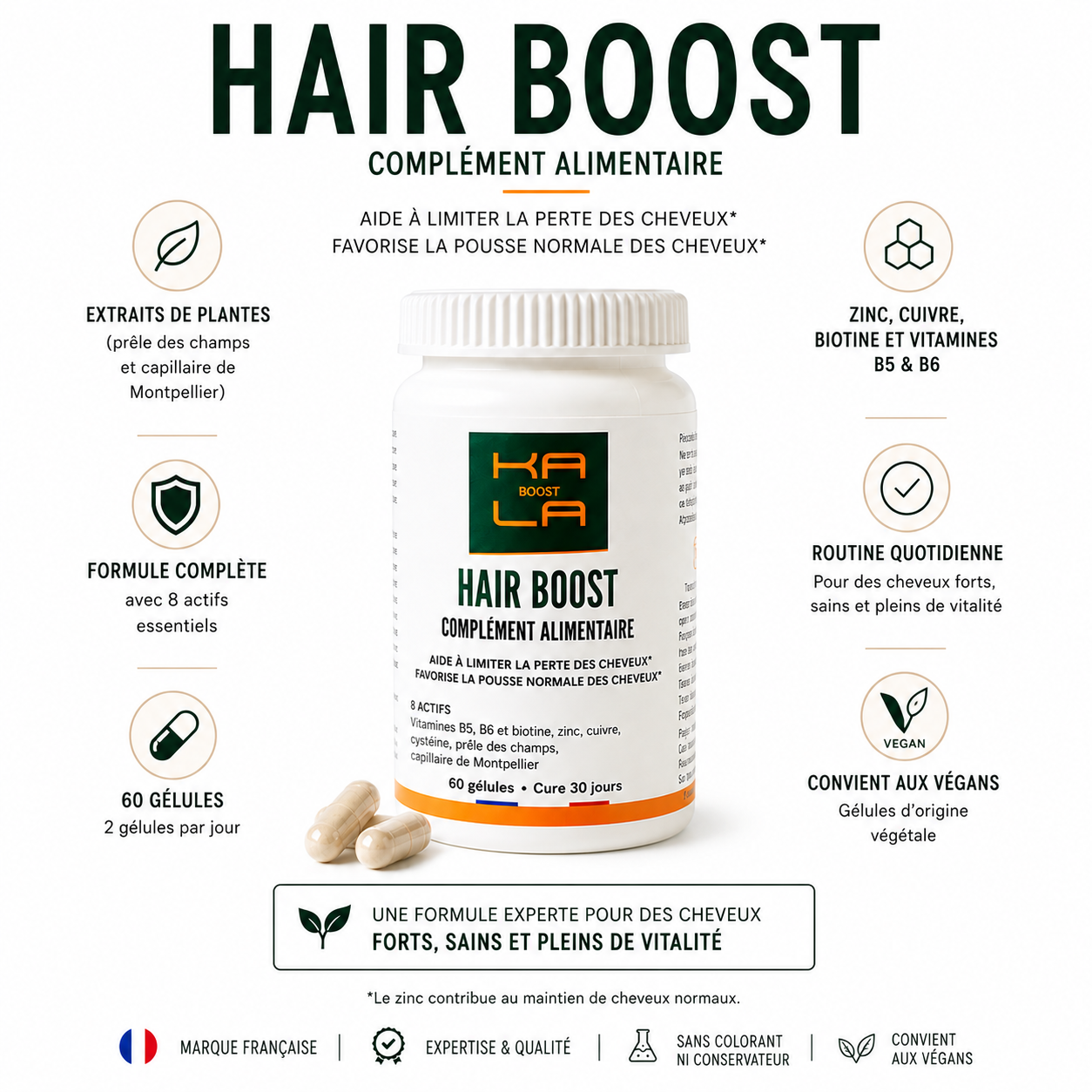 Complément alimentaire cheveux Kalaboost – Hair Boost plantes & zinc KALABOOST