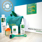 Photo du Pack Expert Kalaboost anti-chute et repousse capillaire avec shampoing, lotion, sérum, complément, dermaroller, brosse et serviette.
