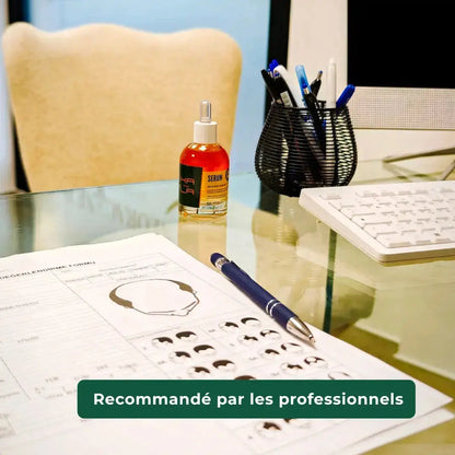 Le sérum Kalaboost posé sur un bureau de consultation capillaire, dans une clinique spécialisée en greffe de cheveux. Recommandé par les professionnels.
