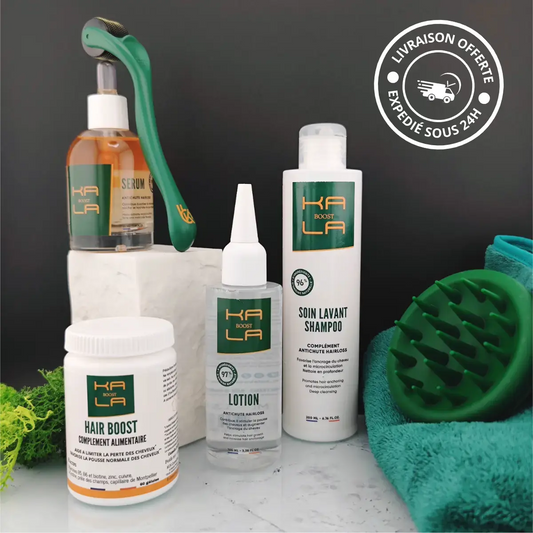 Pack de soins post-greffe Kalaboost avec shampoing, lotion, sérum et brosse massante