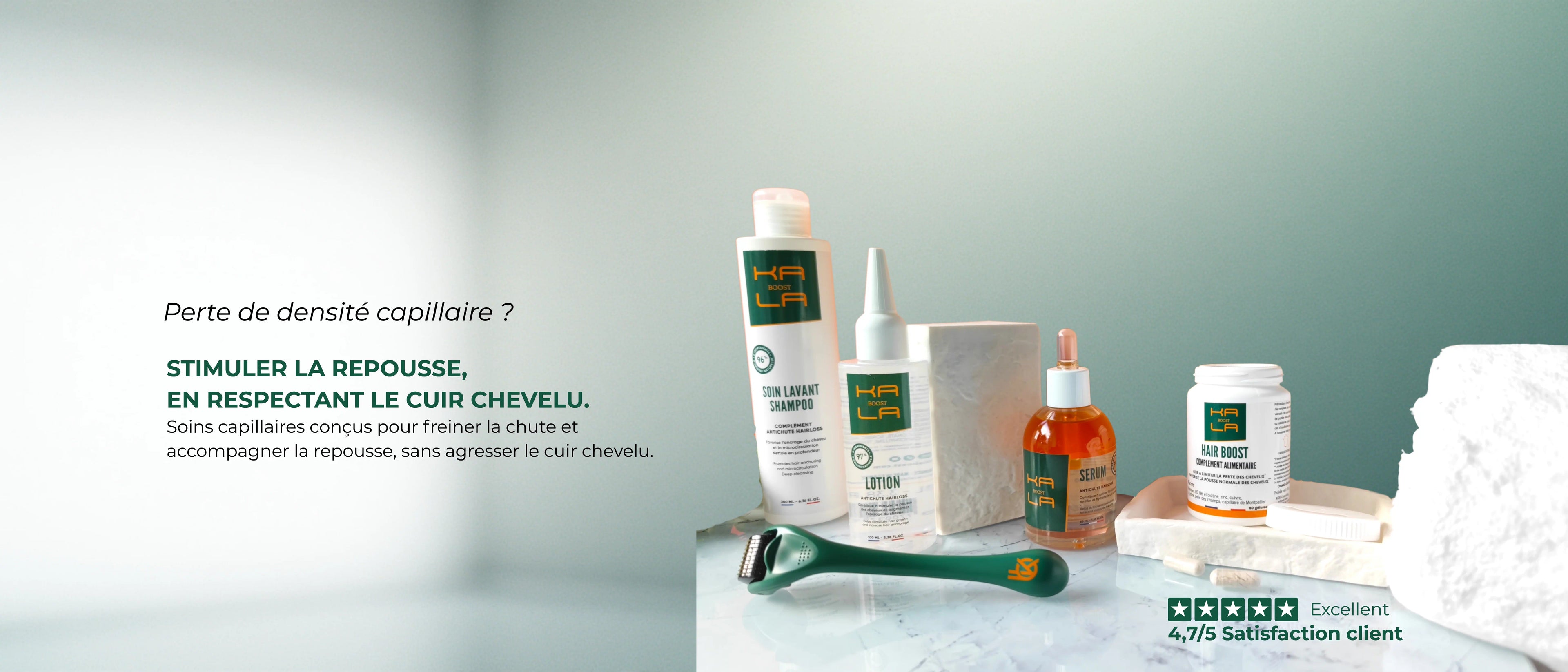 Soins capillaires Kalaboost pour freiner la chute et stimuler la repousse en respectant le cuir chevelu.